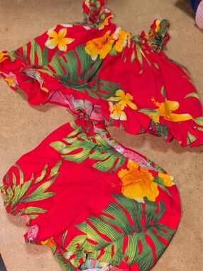 Set Of Baby Lei Aloha Casuals Red Tropical Hibiscus Floral Hawaii Outfit Size 6M